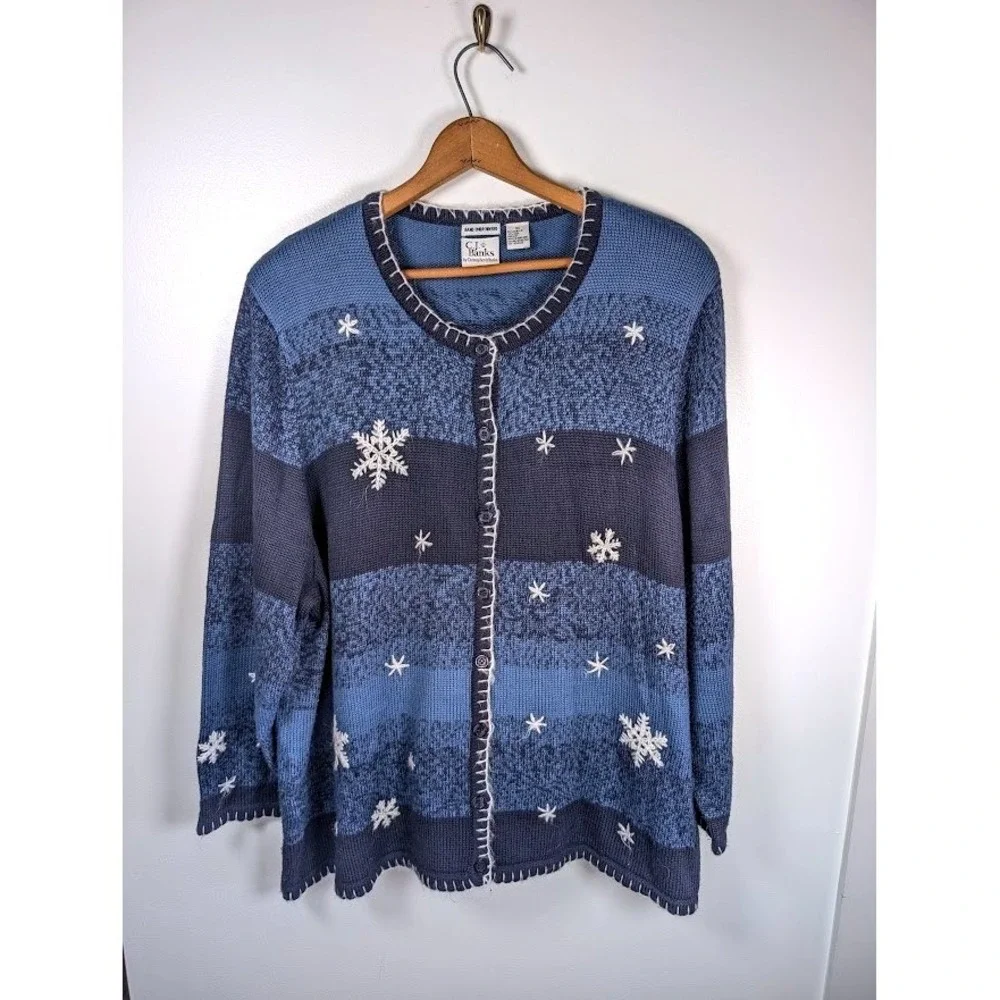 CJ Banks Cardigan Sweater Size 3X Hand Embroidered Winter Snowflakes Cottagecore